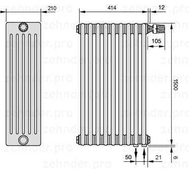 Схема (чертеж) Радиатор Zehnder Charleston 6150/9 №V002 Белый глянцевый RAL 9016